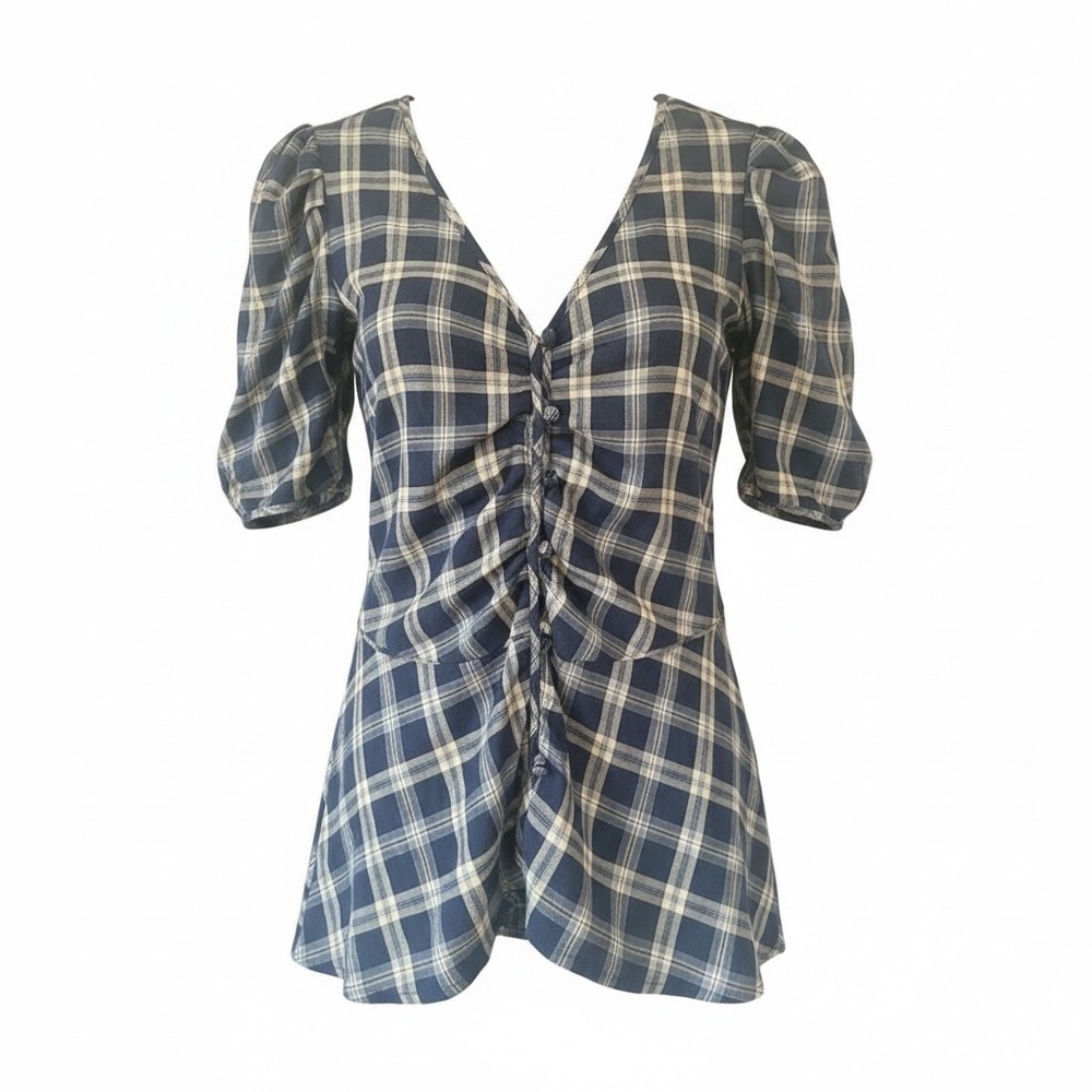 Women's Small Navy Plaid Top Ruched Cinched Waist Button Down Puff Sleeve Dressy
